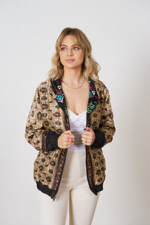 One of a Kind Hand Embroidered Hooded Silk Bomber Jacket