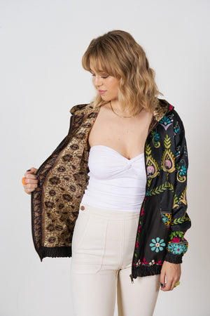One of a Kind Hand Embroidered Hooded Silk Bomber Jacket