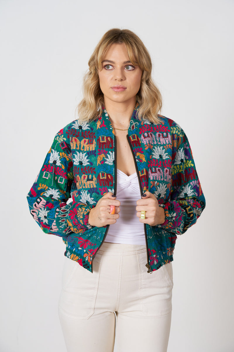 One of a Kind Hand Embroidered Green Bomber Jacket