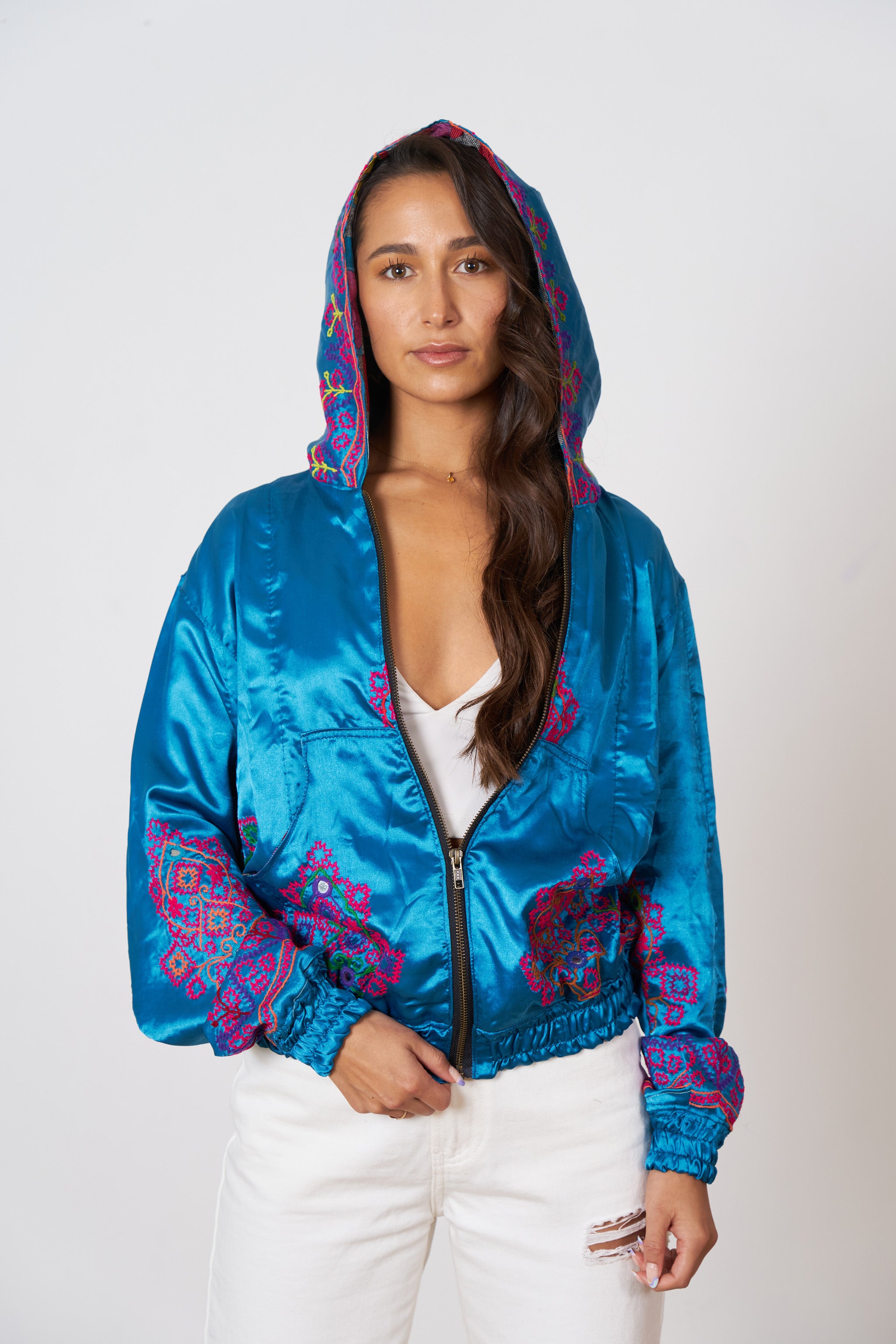 One of a Kind Hand Embroidered Hooded Silk Bomber Jacket – Modern