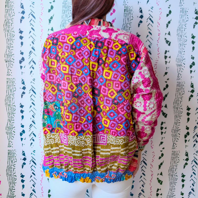 One-of-a-Kind, Recycled Pink Flower Bomber (S - M)