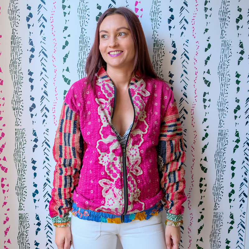 One-of-a-Kind, Recycled Pink Flower Bomber (S - M)