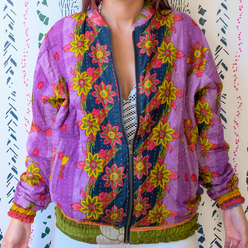One-of-a-Kind, Recycled Purple Daisy Bomber (S - M)